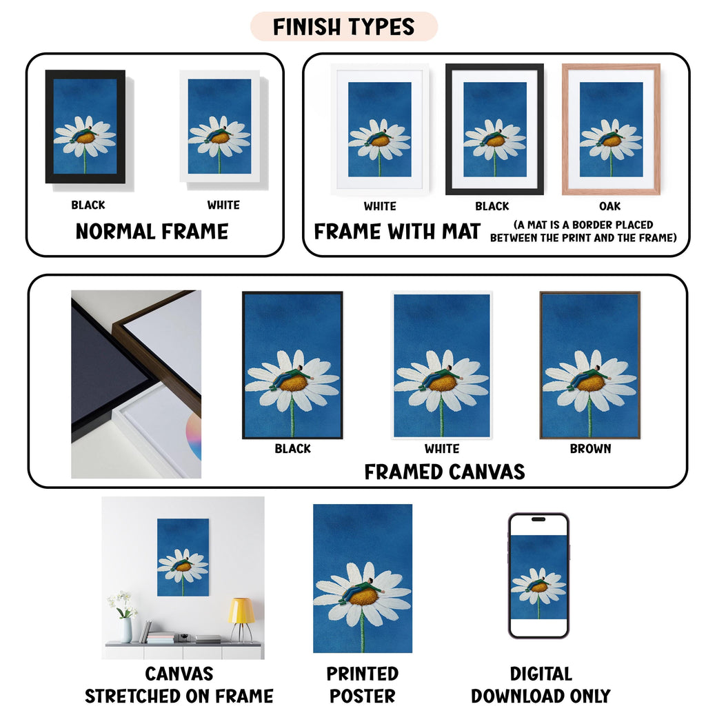 various images of framed artwork, including paintings and posters, with different finishes and mat colors. It also includes a smartphone displaying a digital version of the artwork.