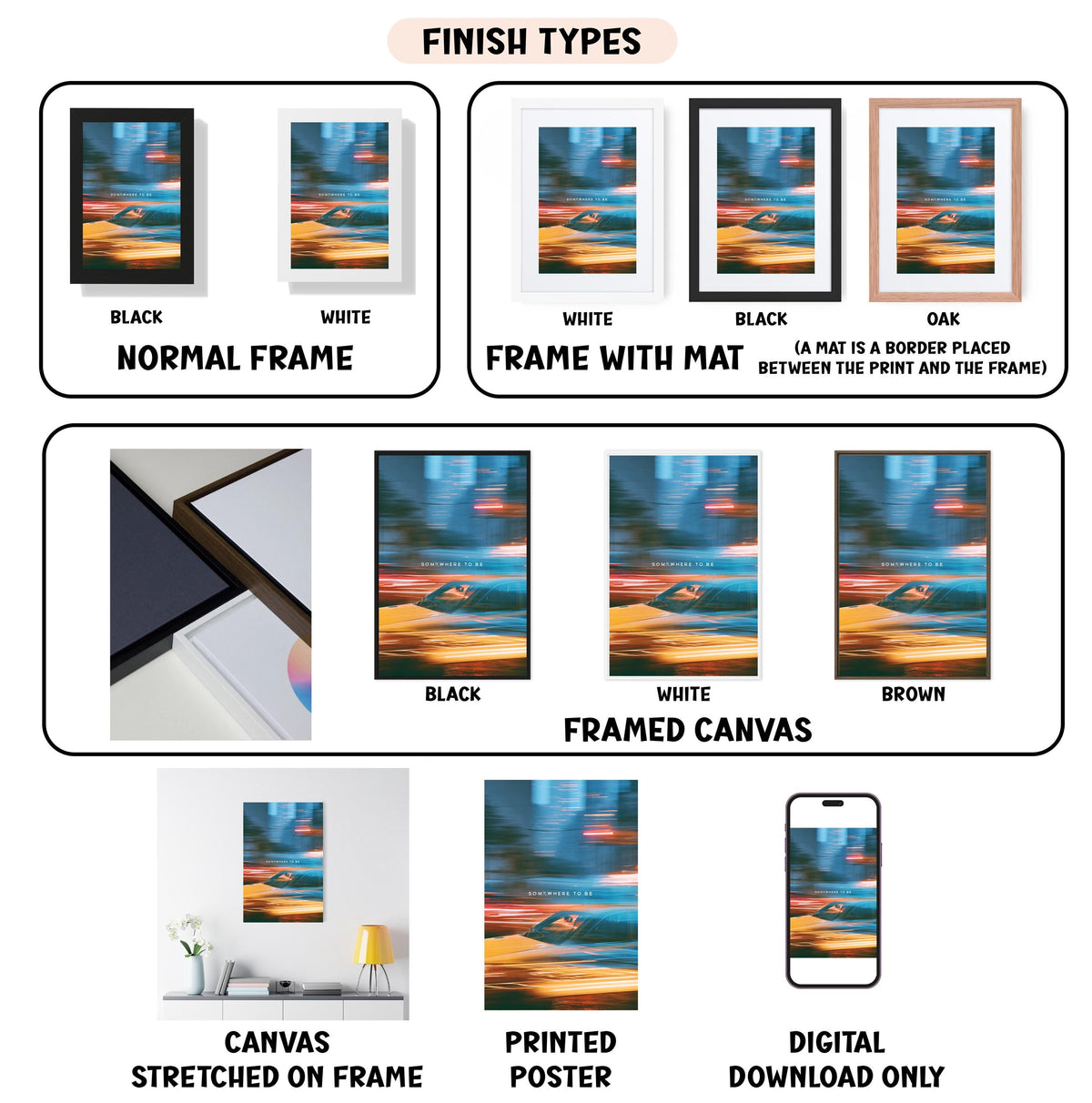 various types of artwork, including canvas prints, framed canvas prints, and digital prints, each with different finishes and mat placements.