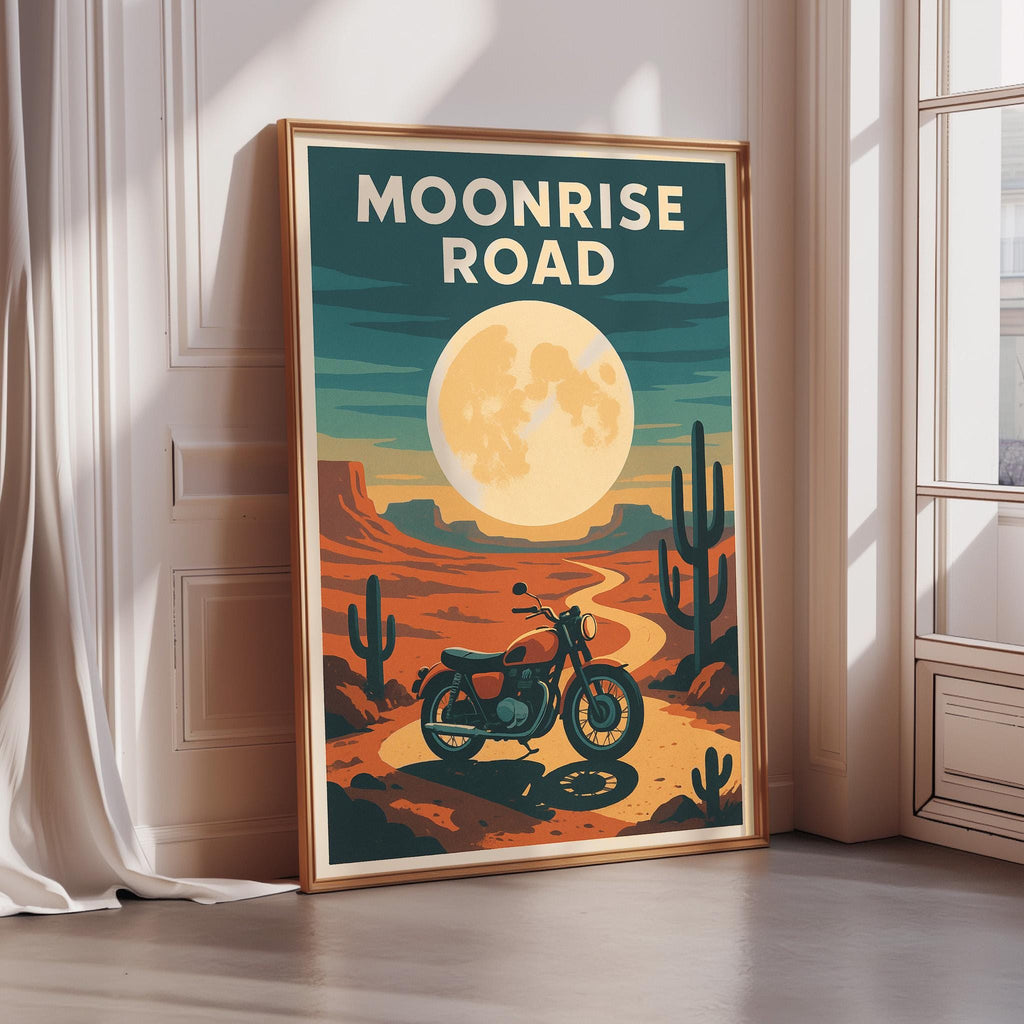 a poster of a desert scene with a motorcycle in the foreground, a cactus in the background, and a large full moon in the sky.