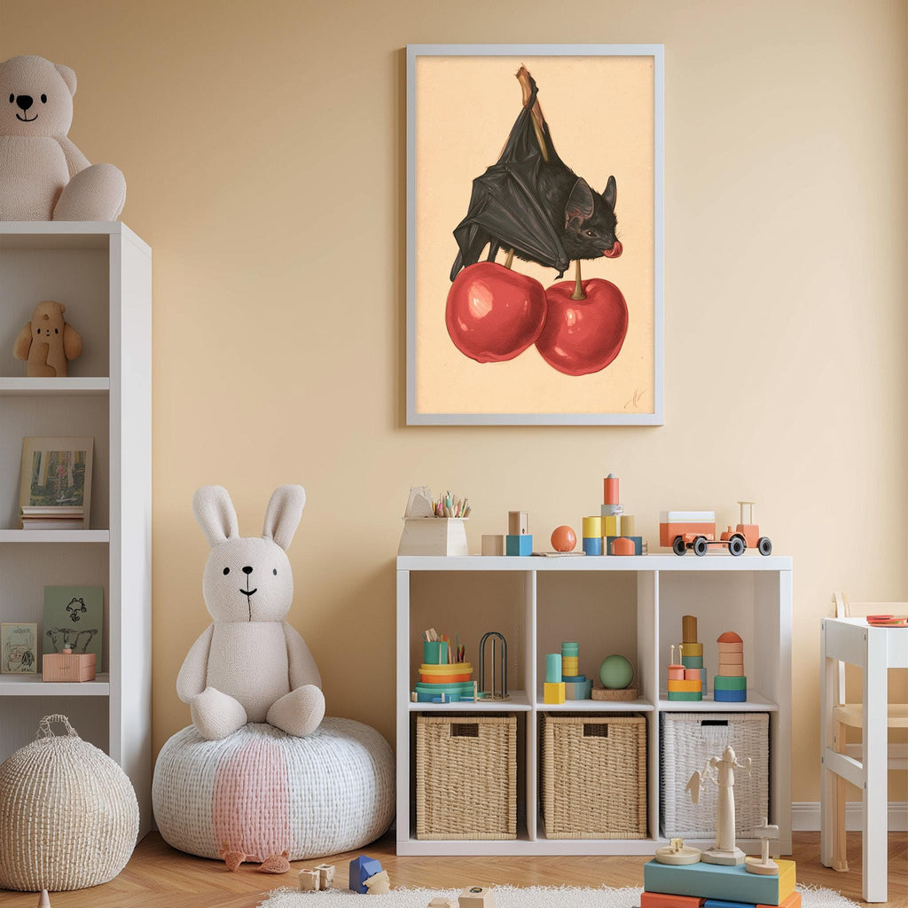 A child's bedroom with a white bookshelf, a stuffed rabbit, a framed illustration of a bat and cherries, and a toy train on a shelf.
