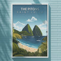 a poster of a tropical beach scene with palm trees, a sandy beach, and a body of water with boats.
