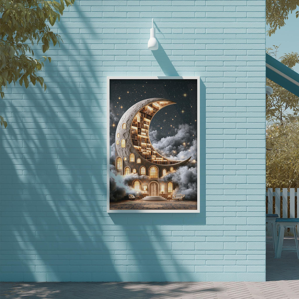 a large, whimsical painting of a crescent moon with a building-like structure on its surface, set against a starry night sky.