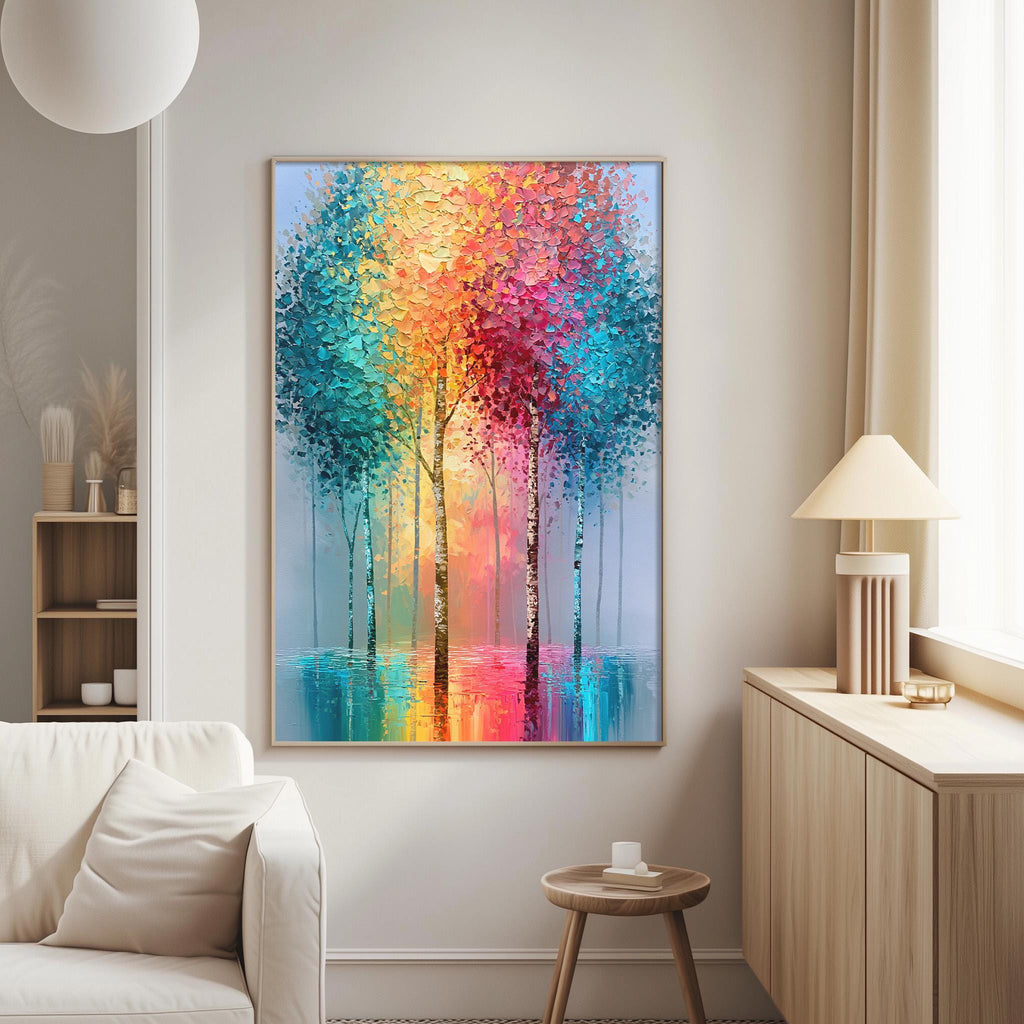a vibrant, colorful painting of trees with a reflection in the water, hanging on a wall in a living room.