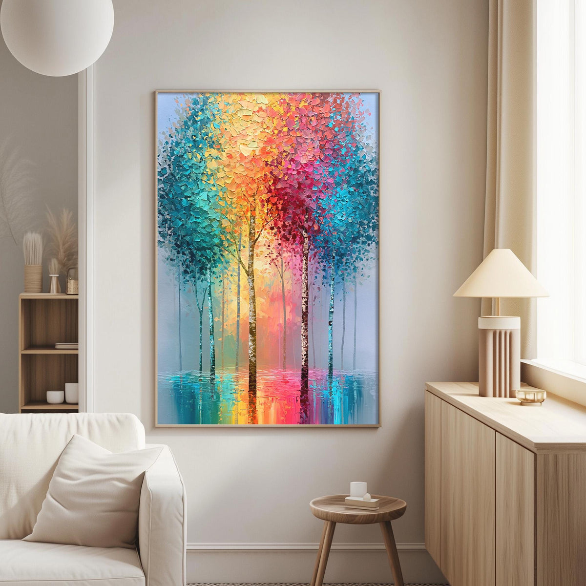 a vibrant, colorful painting of trees with a reflection in the water, hanging on a wall in a living room.