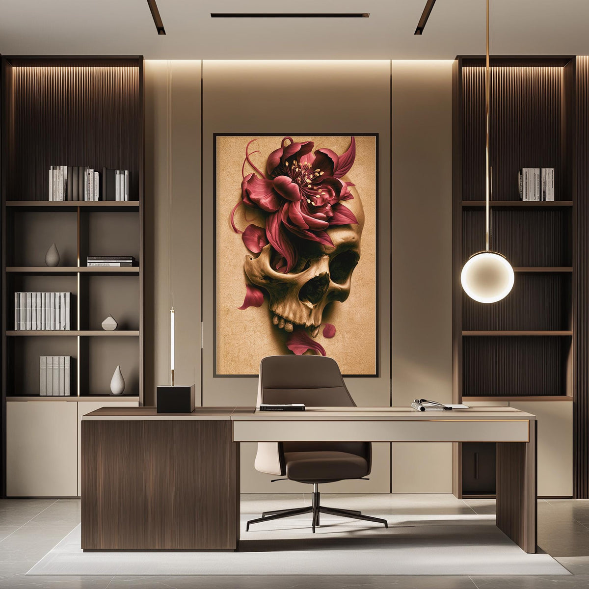 a modern office space with a large framed artwork of a skull with a flower adorning the wall. The desk is positioned in front of the artwork, and there is a chair placed in front of it. The office also includes built-in bookshelves and a pendant light, creating a stylish and functional workspace.