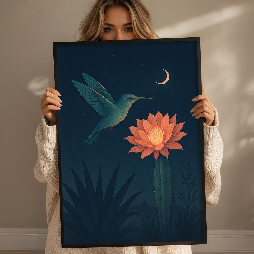 A woman holds up a framed illustration depicting a hummingbird hovering over a cactus with a large orange flower blooming on it, set against a night sky with a crescent moon.
