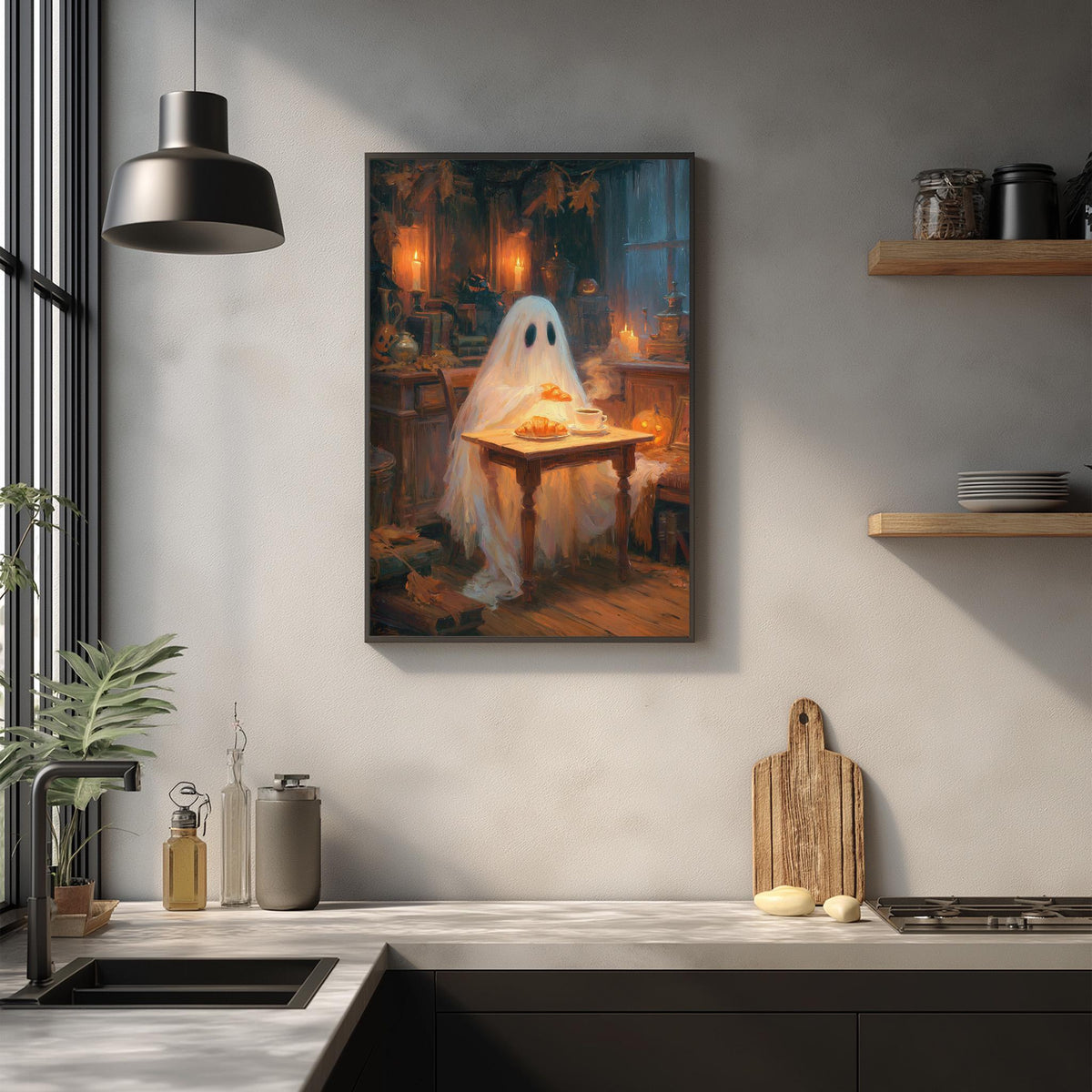 a kitchen scene with a framed painting of a ghost sitting at a table, surrounded by various kitchen items and decor.