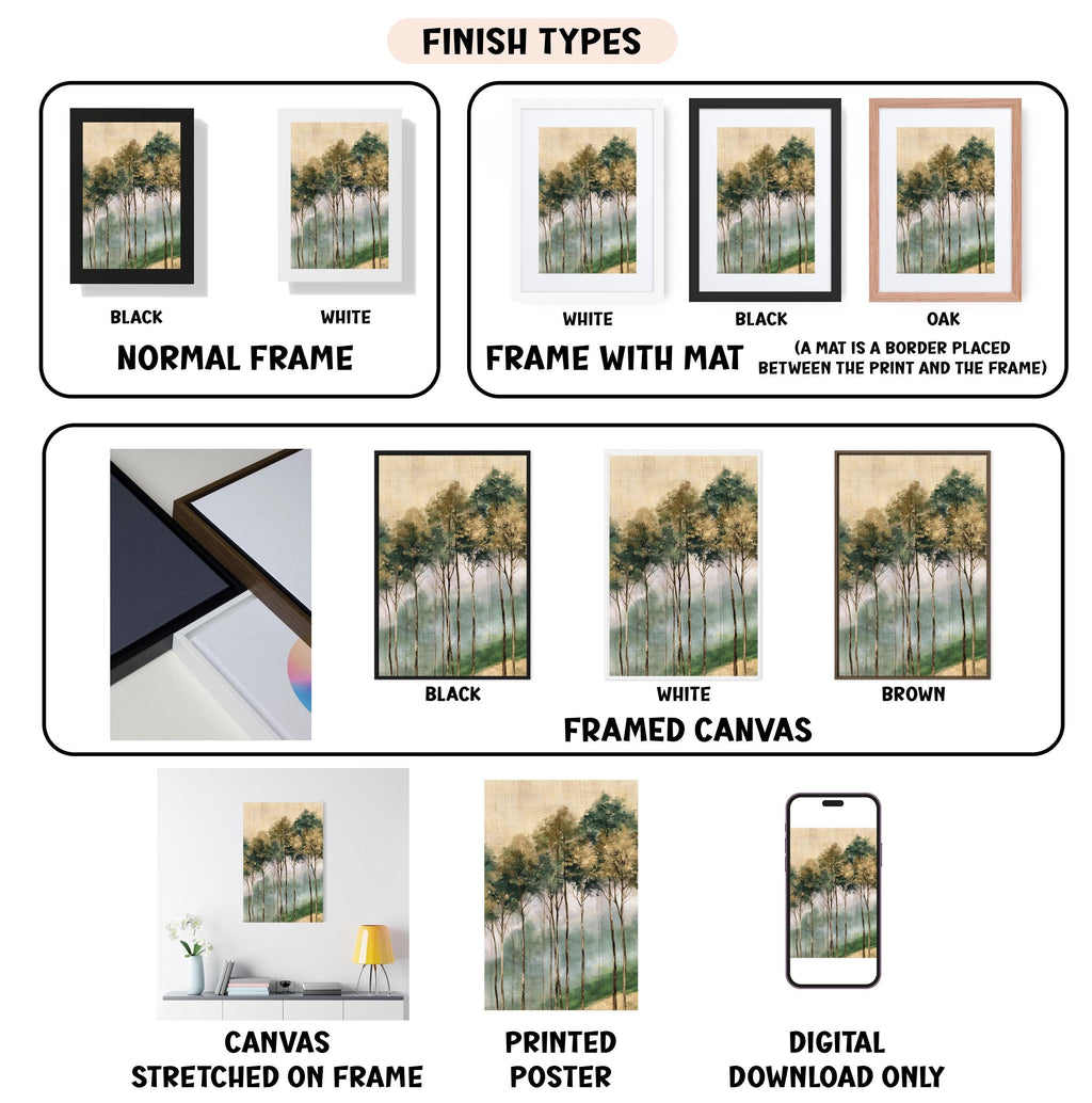 The image is a collection of different finish types for framed artwork, including canvas, stretched on frame, framed canvas, printed poster, and digital download only.