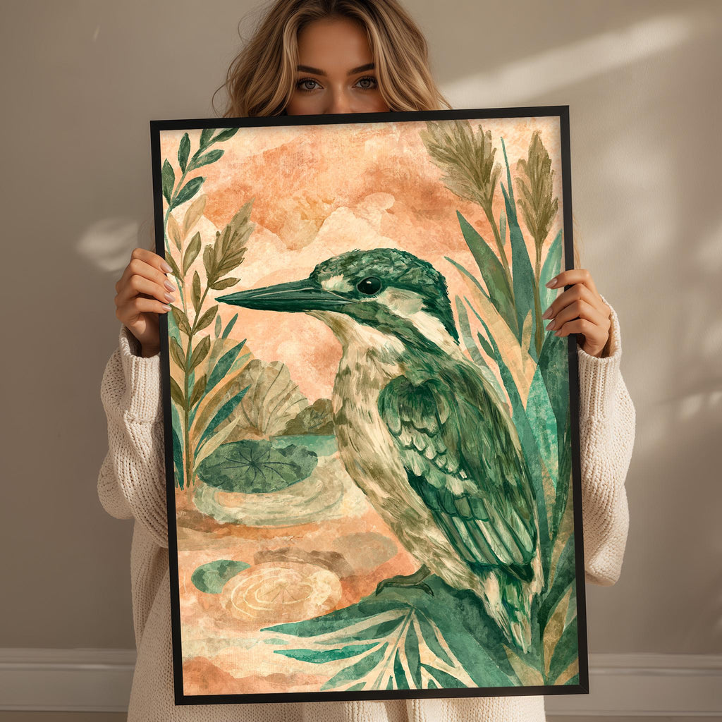 A woman holds up a framed painting of a green and white bird, surrounded by lush foliage, against a beige wall.