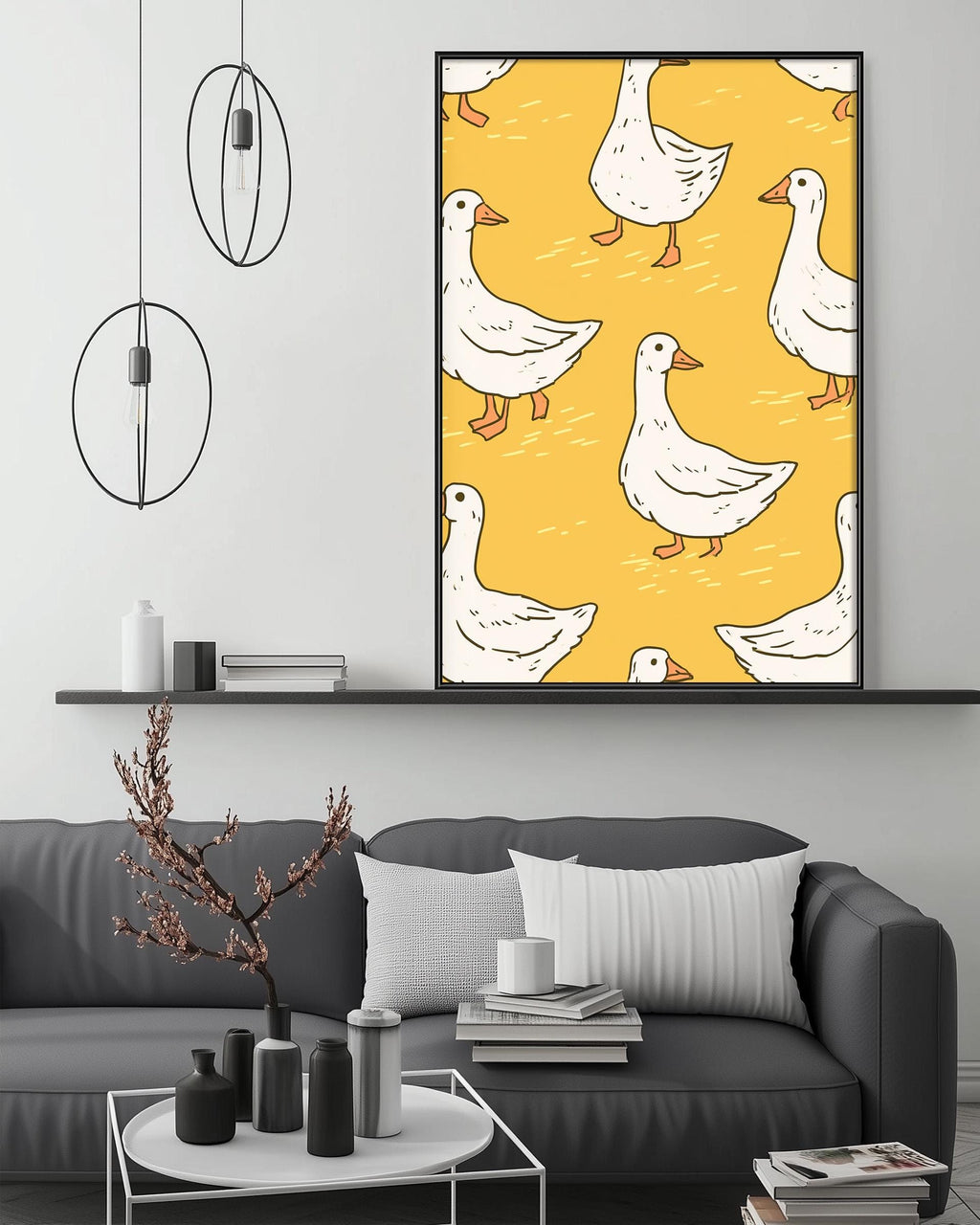 a cozy living room with a gray couch, a coffee table, and a large framed print of white ducks on a yellow background hanging on the wall above the couch.