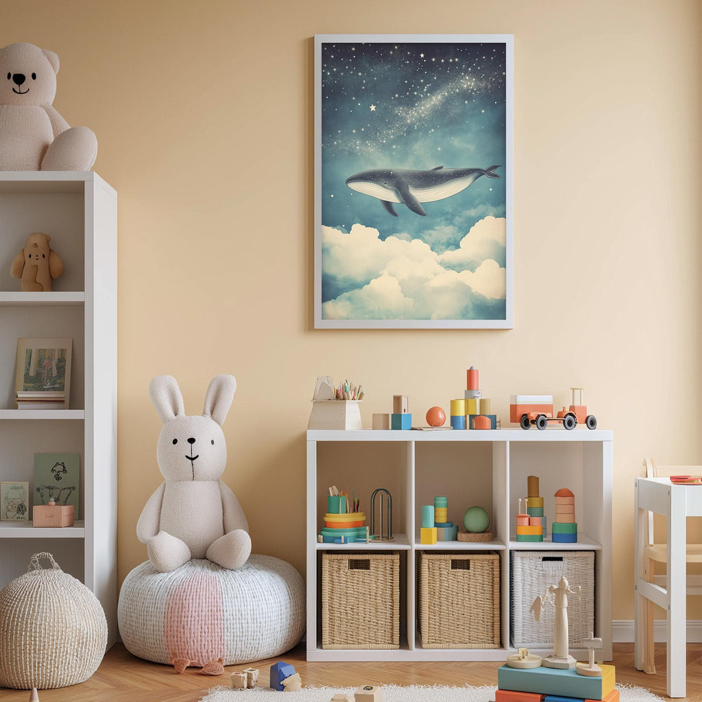 A cozy children's bedroom with a large stuffed bunny, a bookshelf, and a toy chest filled with toys. The walls are painted a light peach color, and a framed picture of a whale floating in the sky is displayed above the bookshelf.