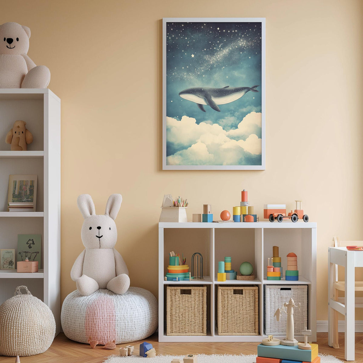 A cozy children's bedroom with a large stuffed bunny, a bookshelf, and a toy chest filled with toys. The walls are painted a light peach color, and a framed picture of a whale floating in the sky is displayed above the bookshelf.