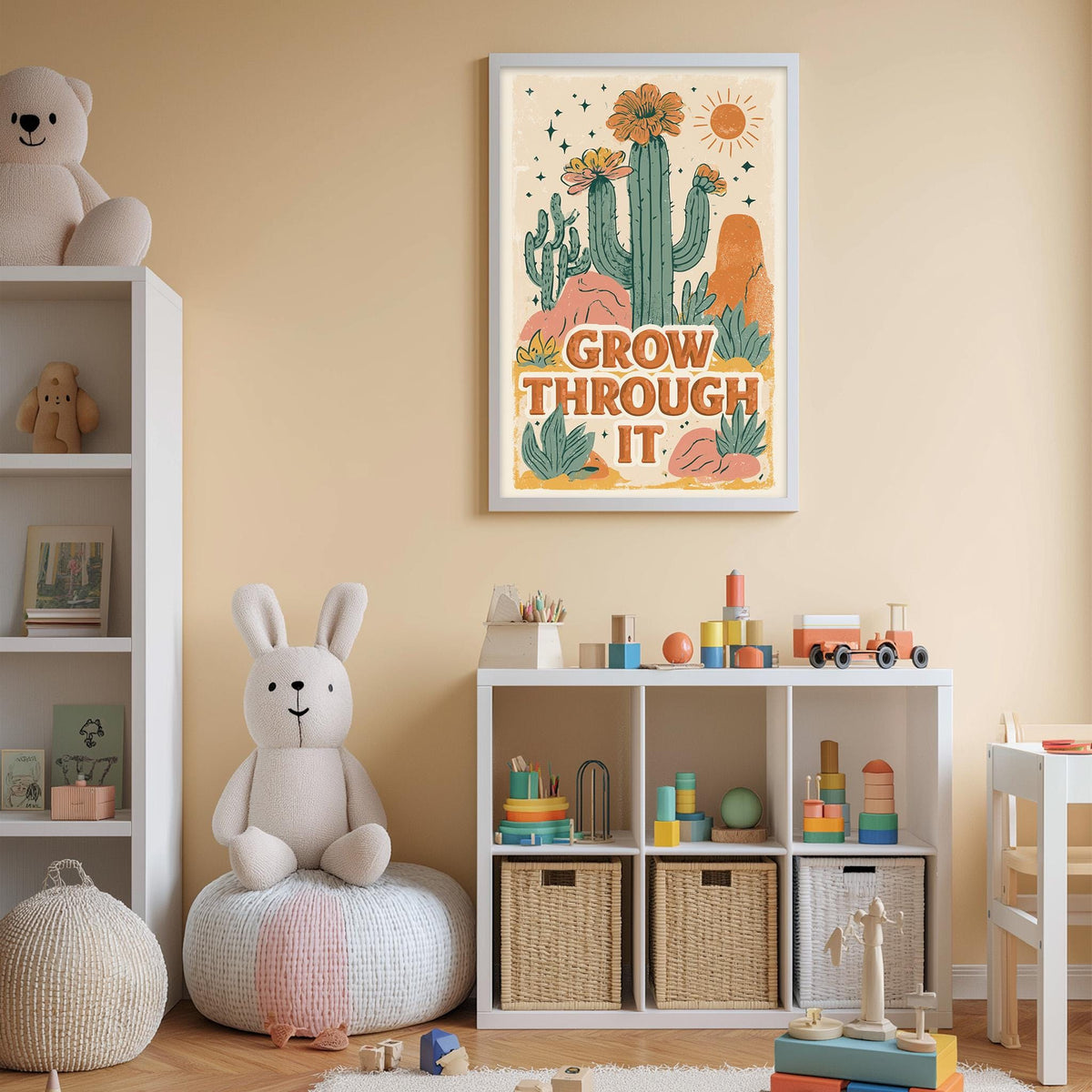 A child's bedroom with a white bookshelf, a stuffed rabbit, a cactus poster, and various toys and storage bins.