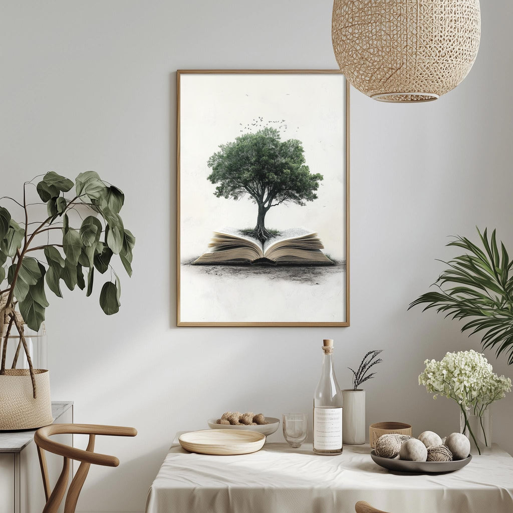 a serene indoor setting with a framed picture of a tree with an open book underneath it, hanging on a wall. The table is set with various items, including a bottle, a bowl, and a vase with flowers. The overall atmosphere appears to be calm and peaceful, with the natural elements of the tree and the open book creating a harmonious visual connection.