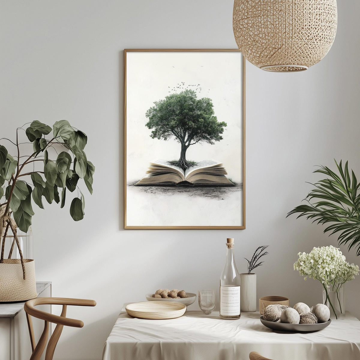 a serene indoor setting with a framed picture of a tree with an open book underneath it, hanging on a wall. The table is set with various items, including a bottle, a bowl, and a vase with flowers. The overall atmosphere appears to be calm and peaceful, with the natural elements of the tree and the open book creating a harmonious visual connection.