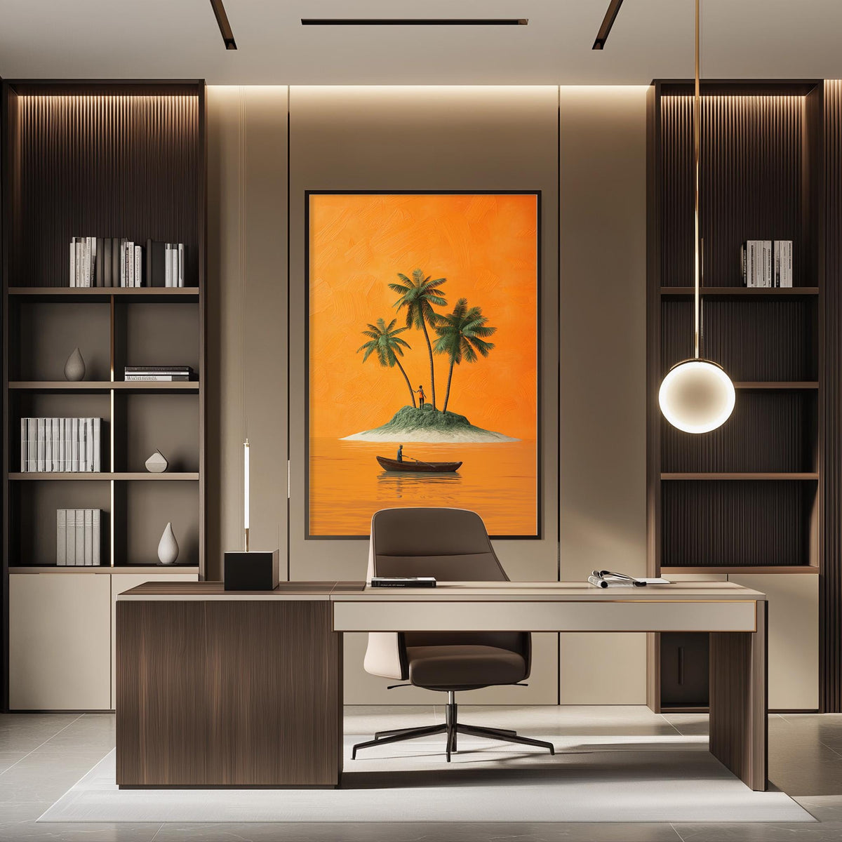 a modern office space with a large, vibrant painting of a tropical island on the wall, featuring palm trees and a small boat on the water. The office has a wooden desk and chair, and the overall design has a sleek and contemporary aesthetic.