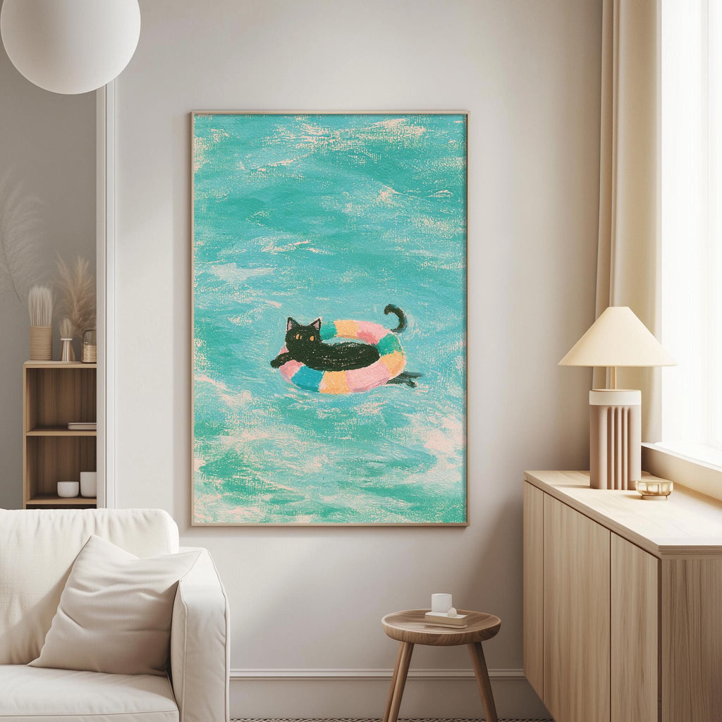 a living room with a large painting of a cat swimming in a colorful inner tube on the wall.
