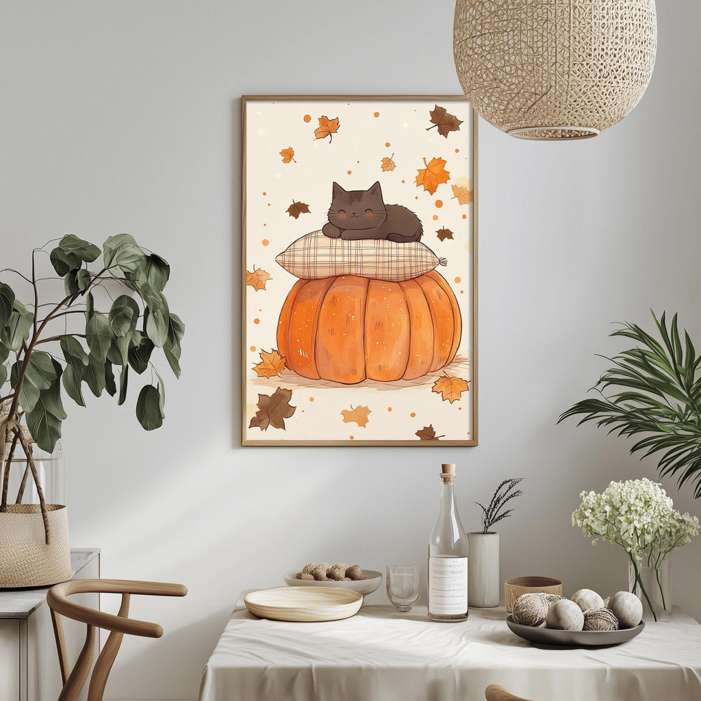 a cozy indoor setting with a framed illustration of a cat resting on a pumpkin, surrounded by autumn leaves. The room is decorated with potted plants, a dining table, and various decorative items, creating a warm and inviting atmosphere.