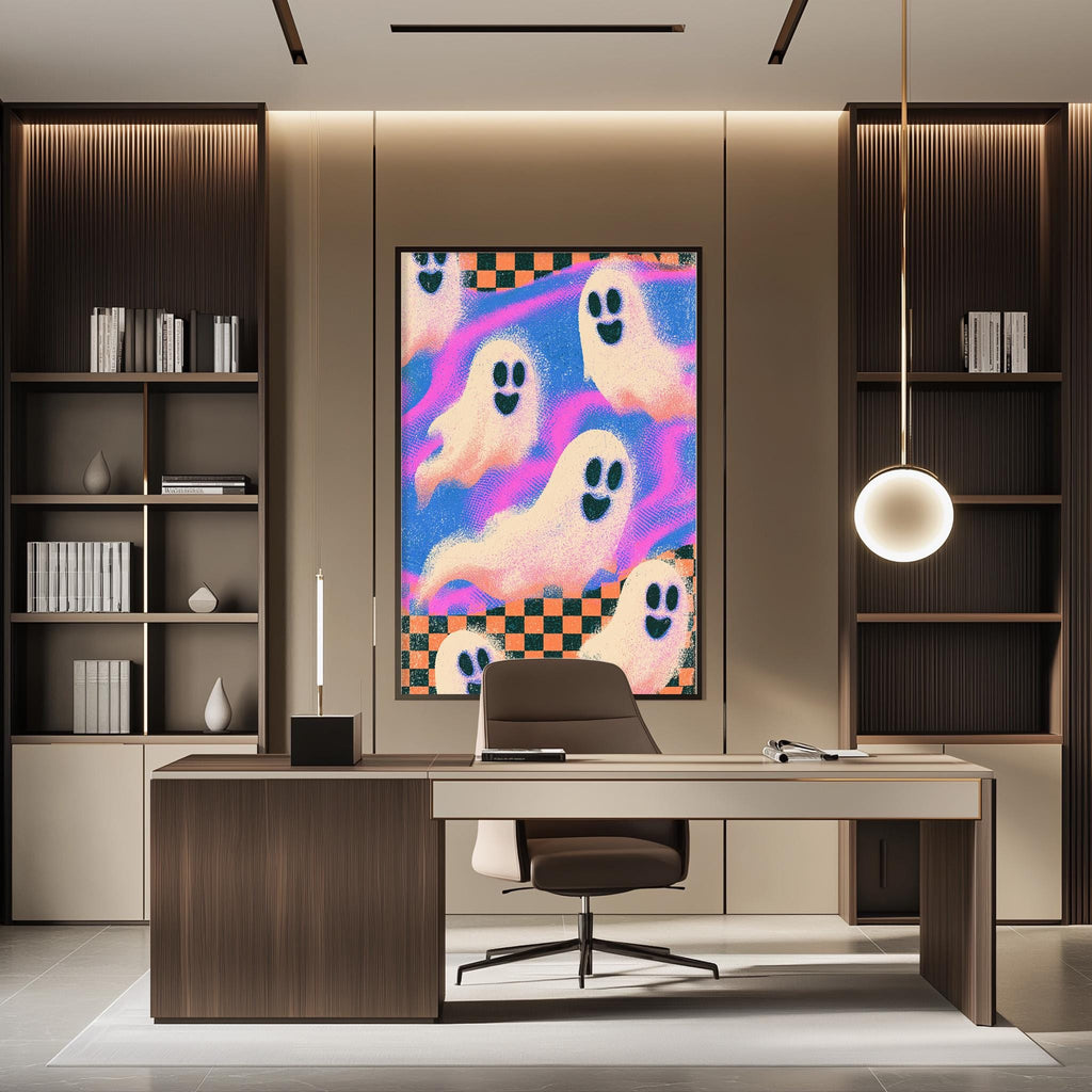 a modern office space with a large framed poster of ghostly figures on the wall, a wooden desk with a chair, and a bookshelf filled with books.