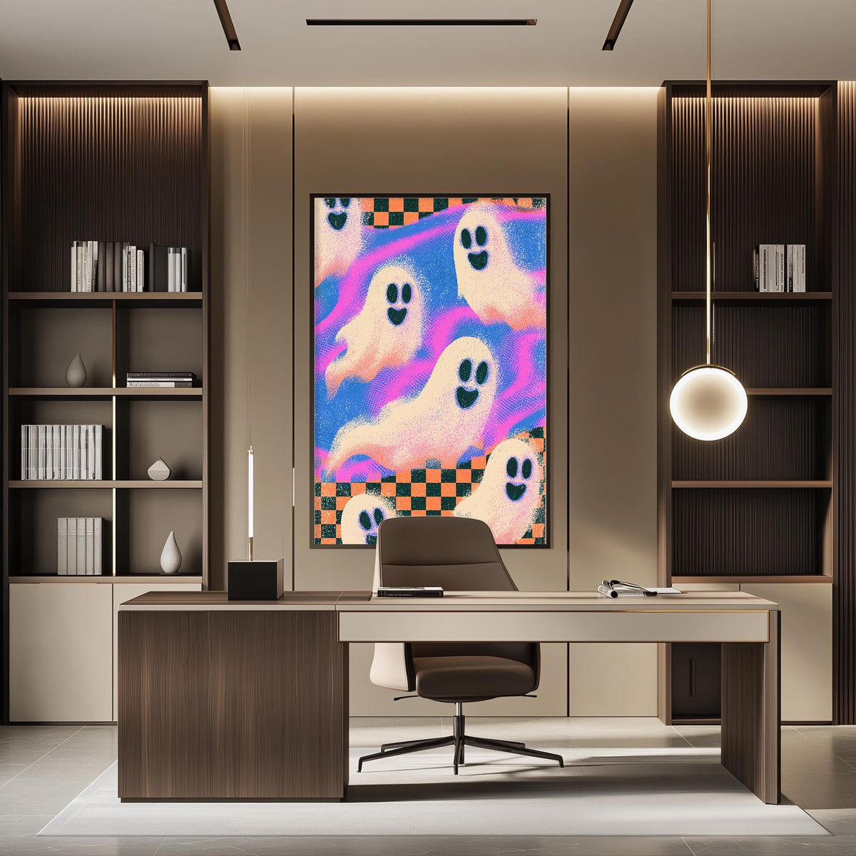 a modern office space with a large framed poster of ghostly figures on the wall, a wooden desk with a chair, and a bookshelf filled with books.
