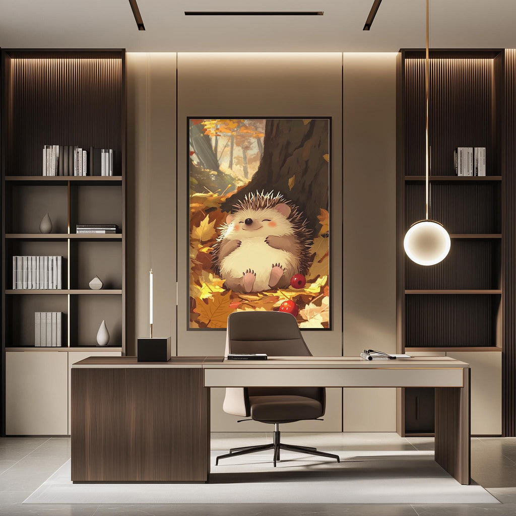 a modern office space with a large painting of a hedgehog on the wall. The office has a wooden desk, a chair, and a bookshelf filled with books. The overall design and decor create a cozy and inviting atmosphere.