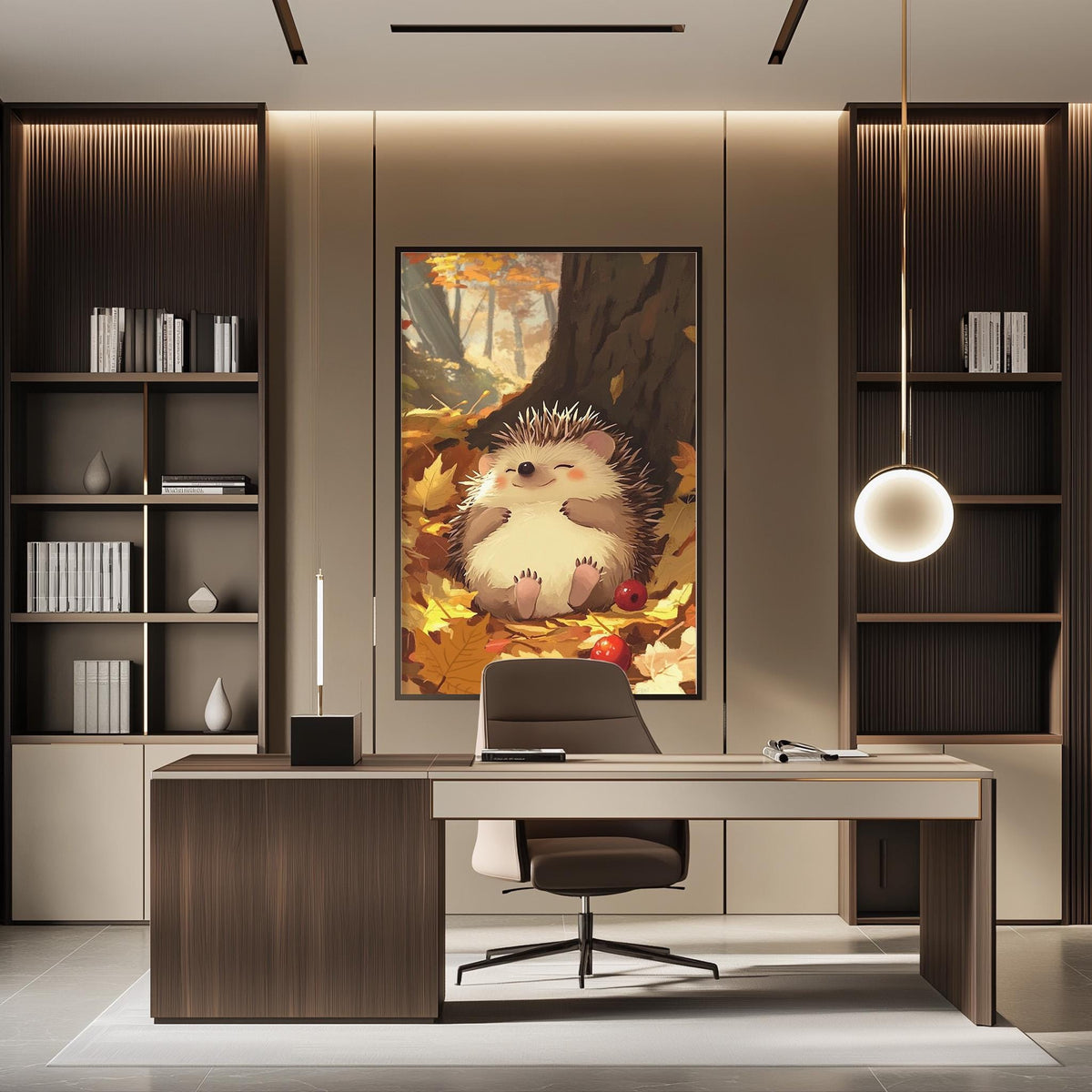 a modern office space with a large painting of a hedgehog on the wall. The office has a wooden desk, a chair, and a bookshelf filled with books. The overall design and decor create a cozy and inviting atmosphere.