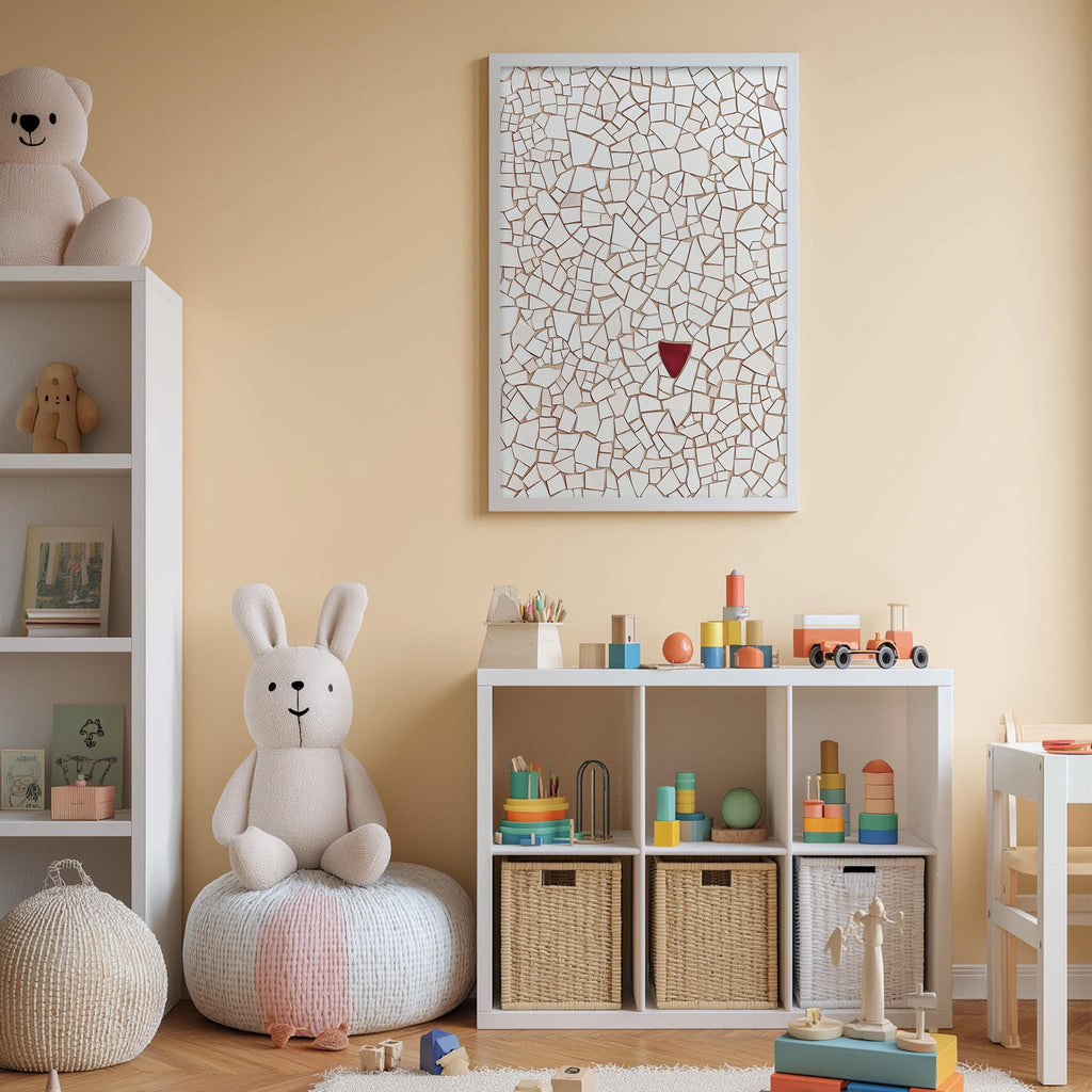A cozy and colorful children's bedroom with a white bookshelf, a plush rabbit, and a toy train set. The walls are painted a light peach color, and there is a patterned wall hanging above the bookshelf.