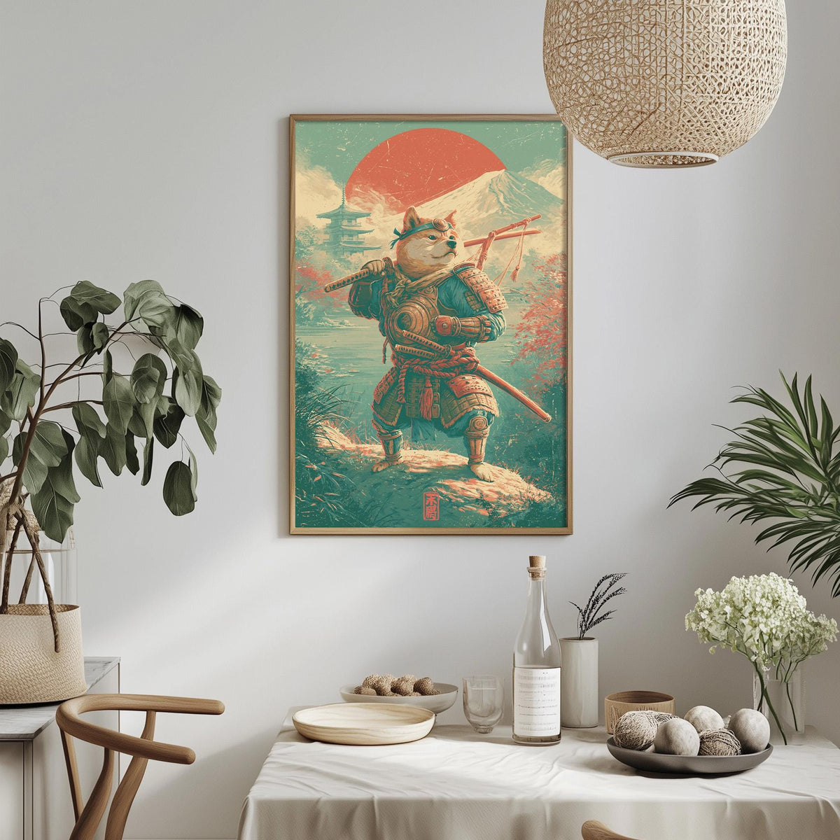 a framed artwork depicting a cat dressed as a warrior, standing on a rock and holding a sword. The artwork is hung on a wall above a dining table with various items on it, including a bottle, a bowl, and a vase.