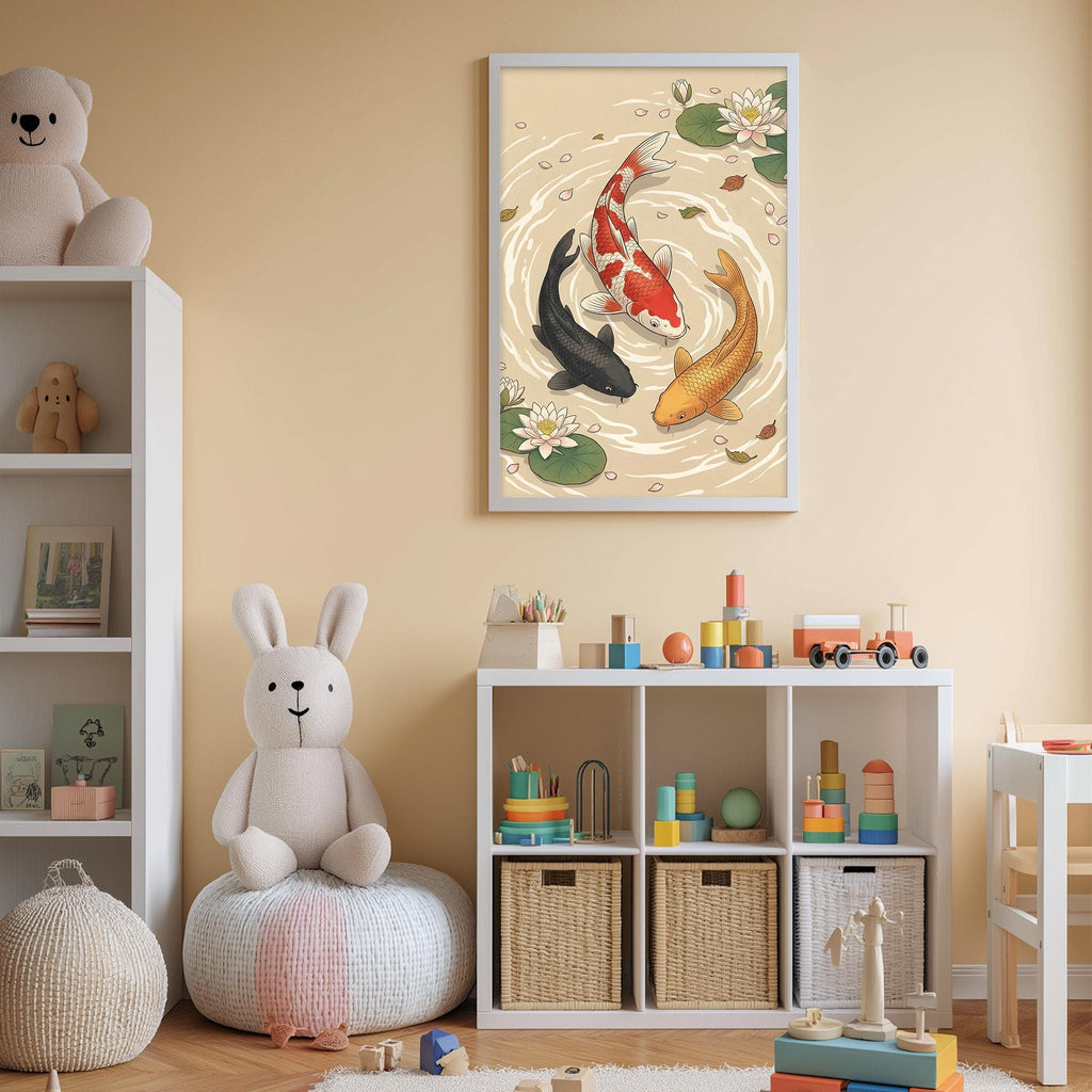 A child's bedroom with a white bookshelf, a stuffed rabbit, a colorful toy set, and a framed picture of koi fish in a pond.
