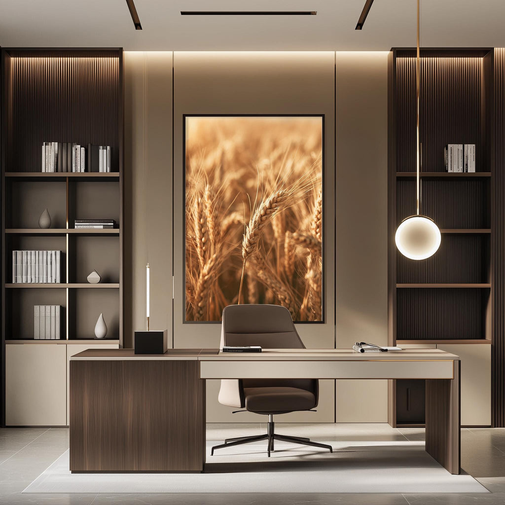 a modern and minimalist office space with a large wooden desk, a comfortable chair, and a framed artwork of wheat fields on the wall.