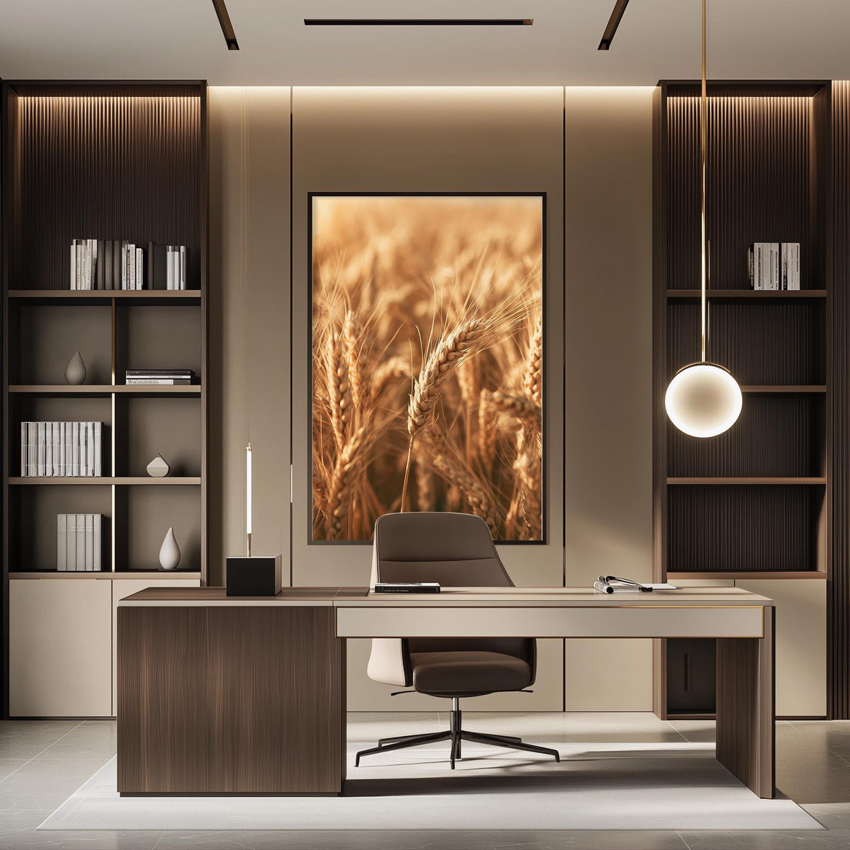 a modern and minimalist office space with a large wooden desk, a comfortable chair, and a framed artwork of wheat fields on the wall.