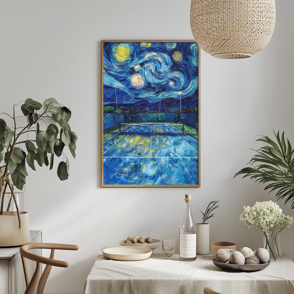 a large painting of a tennis court with a starry night sky in the background, hanging on a wall above a dining table with various items on it.