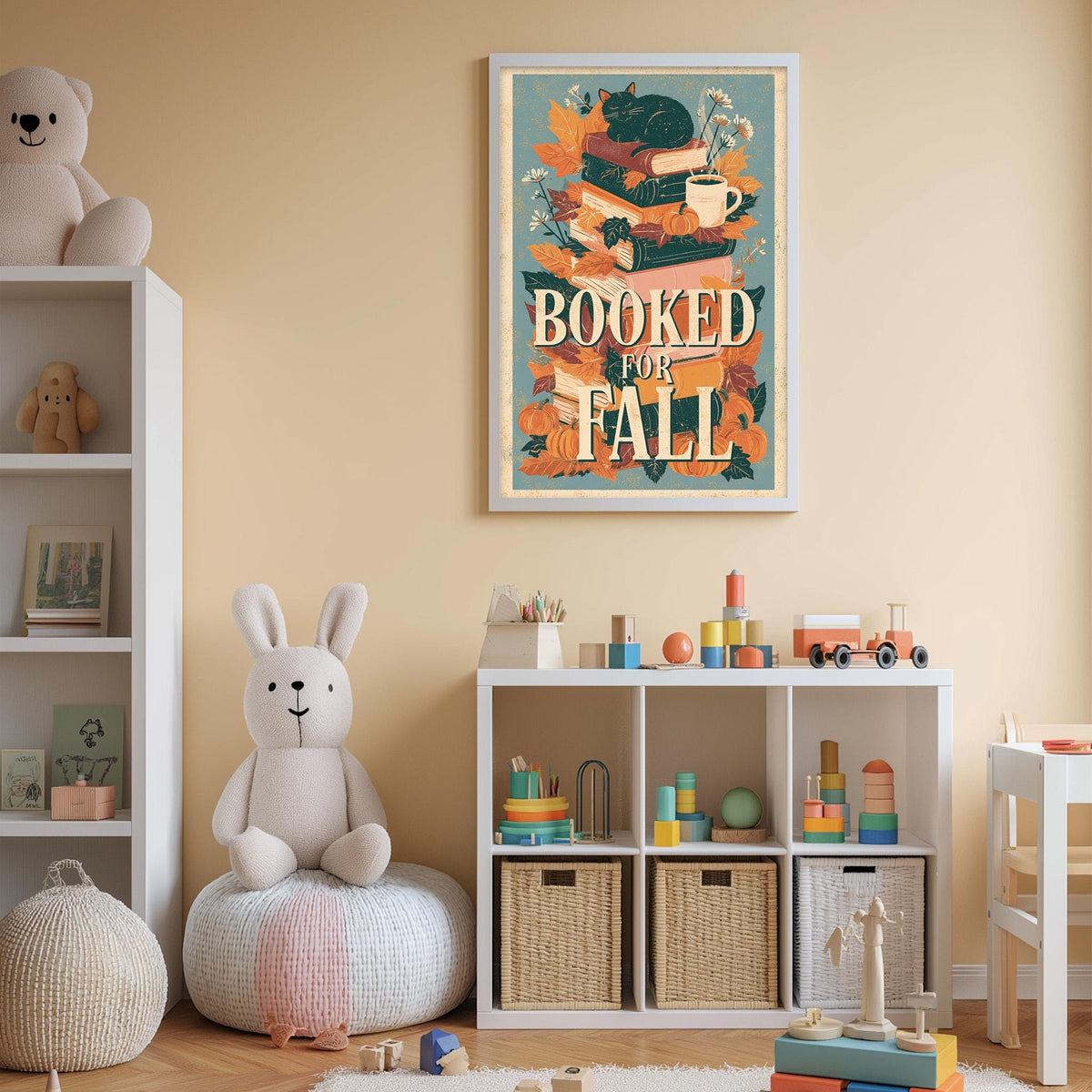 A cozy children's room with a bookshelf, stuffed animals, and a colorful poster on the wall that reads "BOOKED FOR FALL".