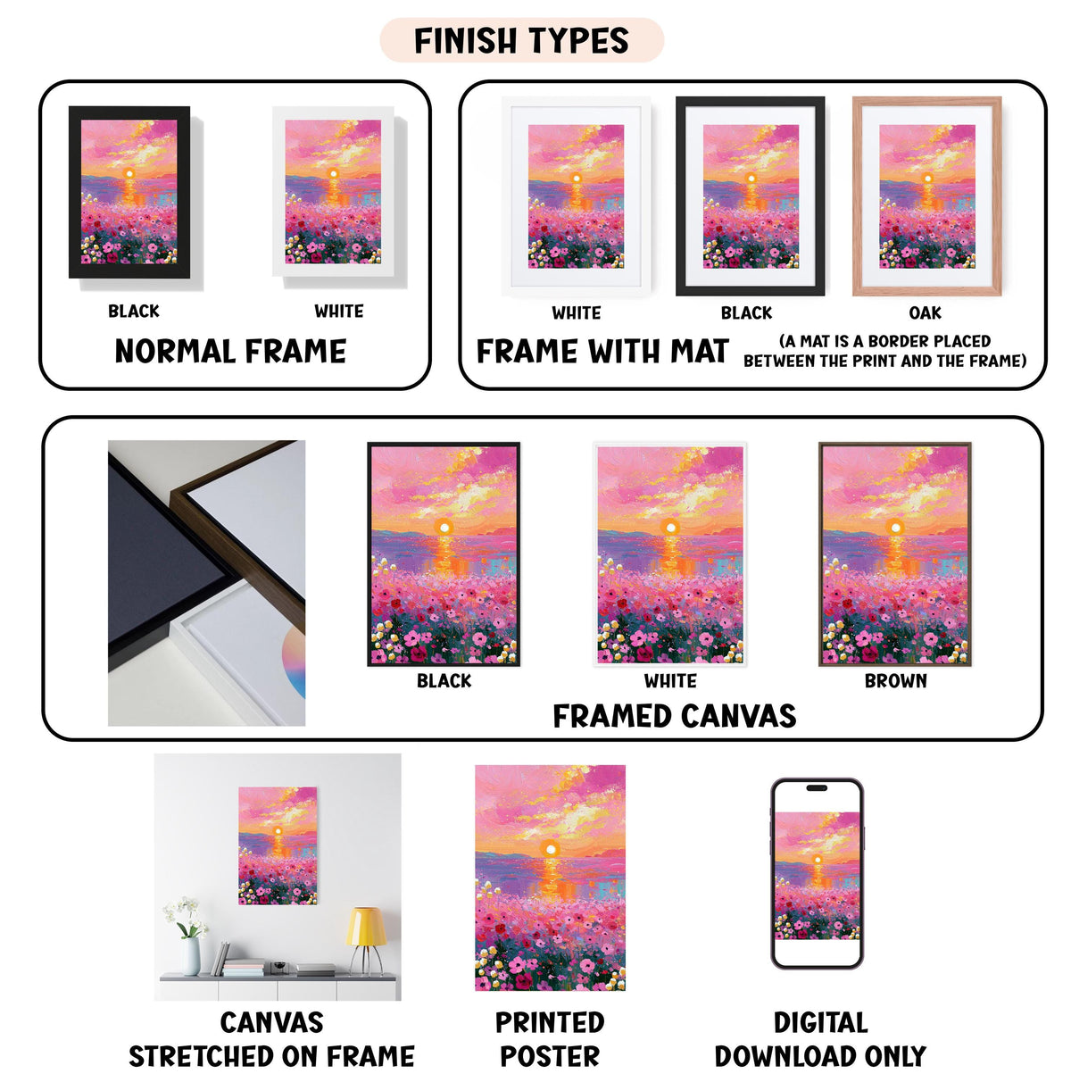 various types of artwork, including paintings, framed prints, and digital art, each with different finishes and frame styles.