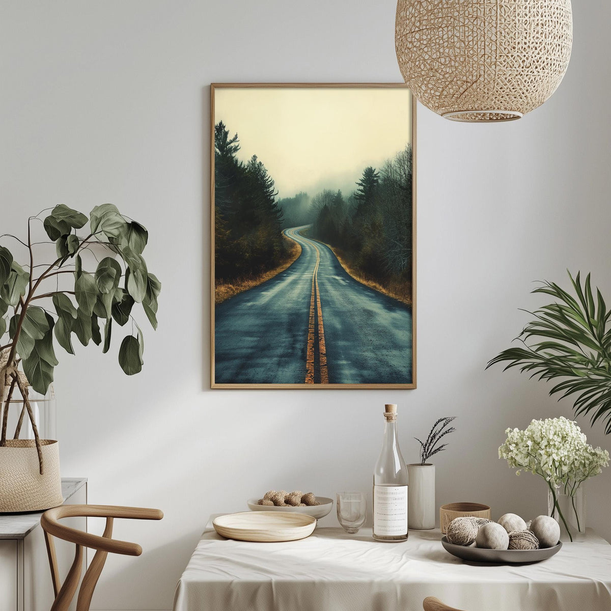 a serene landscape with a winding road surrounded by trees and foliage, creating a peaceful and calming atmosphere.