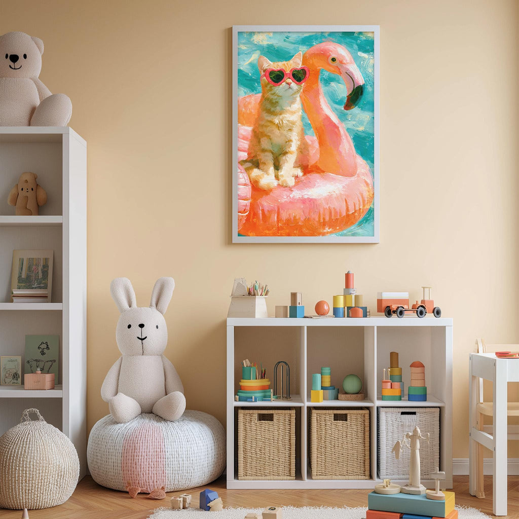 A child's bedroom with a white bookshelf, a stuffed rabbit, a stuffed cat, and a framed painting of a cat and a flamingo on an inflatable.