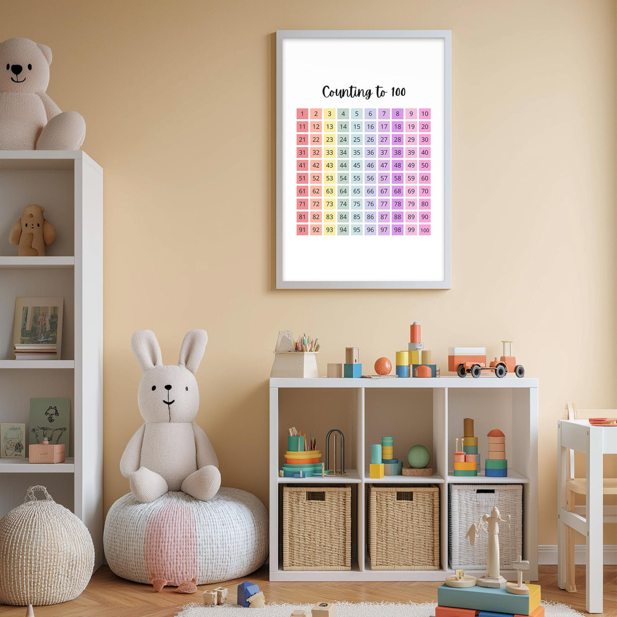 A child's bedroom with a white bookshelf, a stuffed rabbit, and a colorful counting chart on the wall.