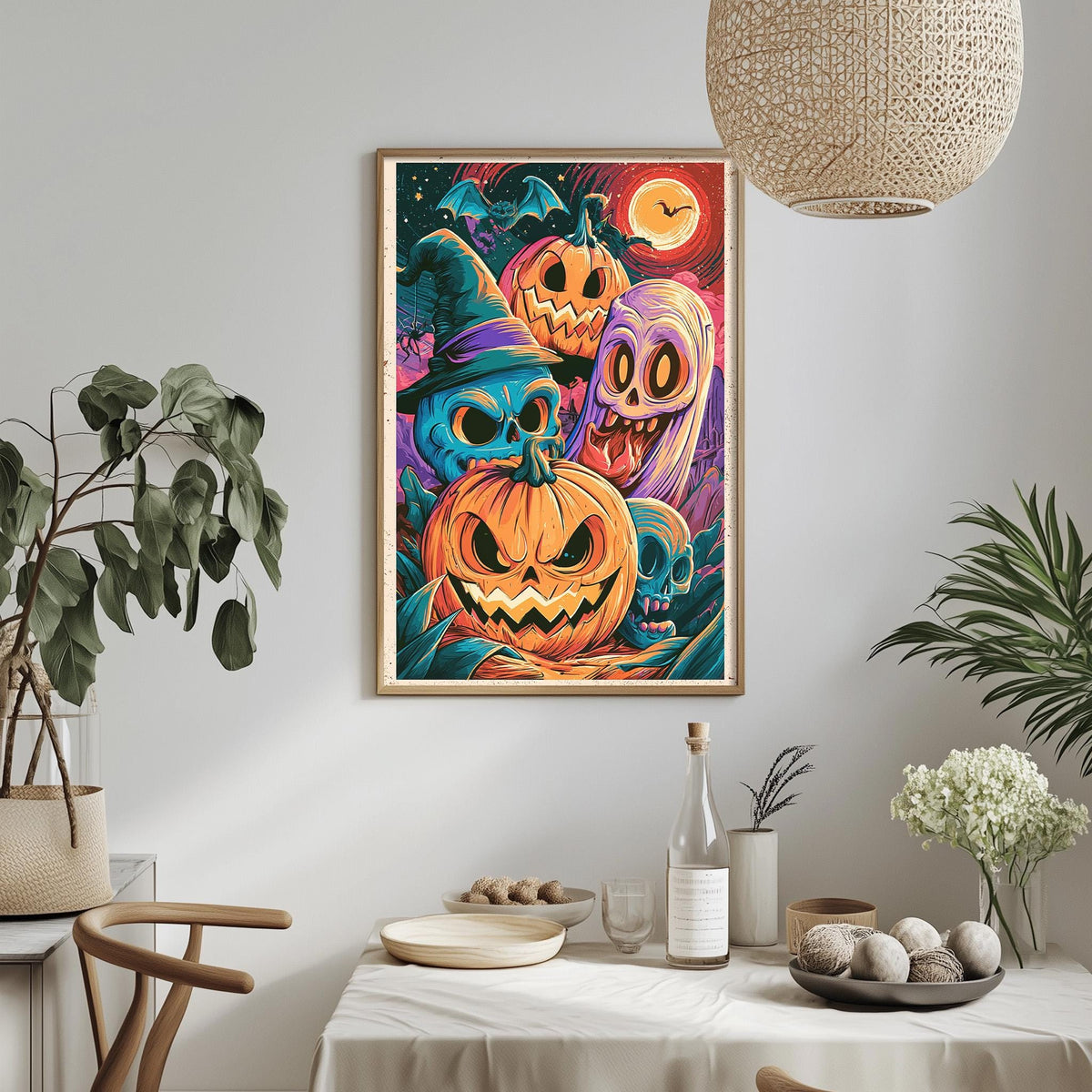 a Halloween-themed painting hanging on a wall, depicting a group of jack-o-lanterns and other spooky characters.