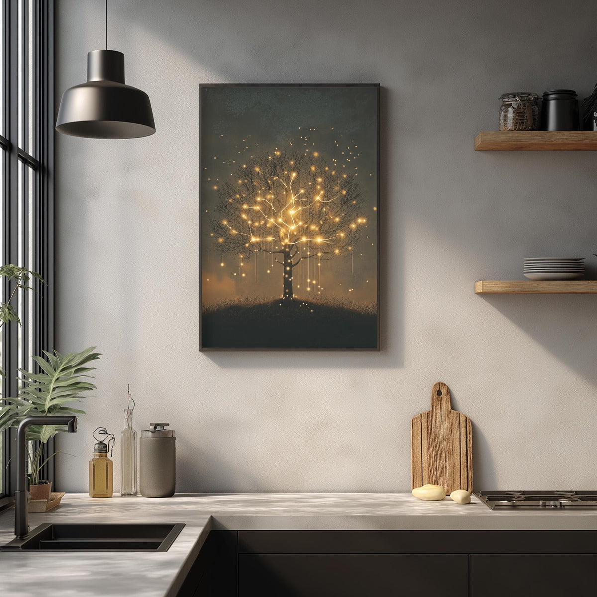 a kitchen counter with various items on it, including a framed picture of a tree with glowing lights, a wooden cutting board, and a potted plant.