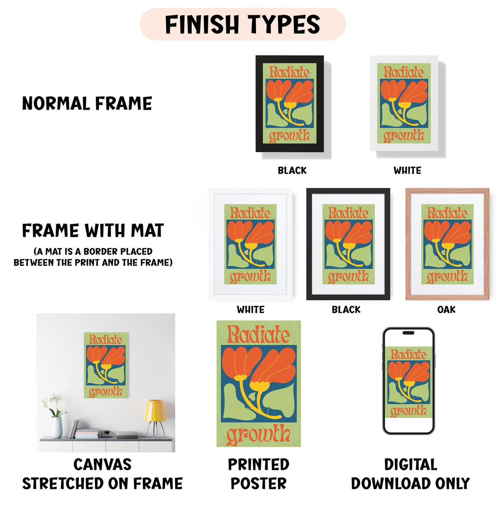 various framed artworks, including a canvas stretched on a frame, a printed poster, and a digital download. The artworks are labeled with different finish types, such as "NORMAL FRAME", "FRAME WITH MAT", "WHITE", "BLACK", "OAK", and "DIGITAL DOWNLOAD ONLY". The artworks are presented in different frame colors, including black, white, and green.