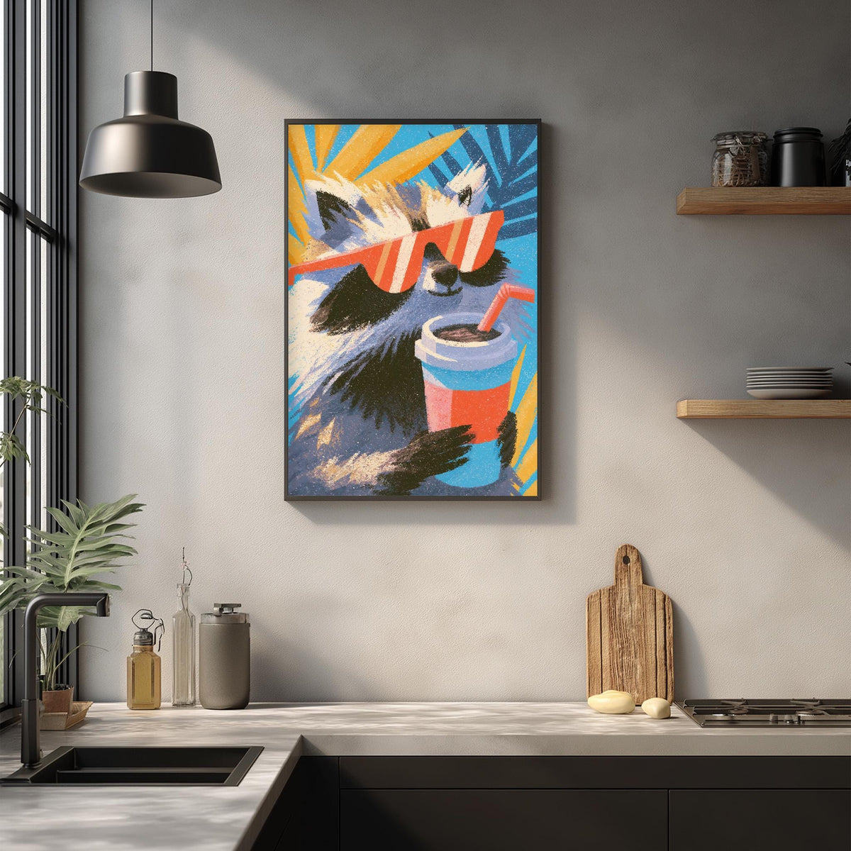 a vibrant and colorful painting of a raccoon wearing sunglasses, holding a drink, and surrounded by tropical foliage, hanging on a wall above a kitchen counter.