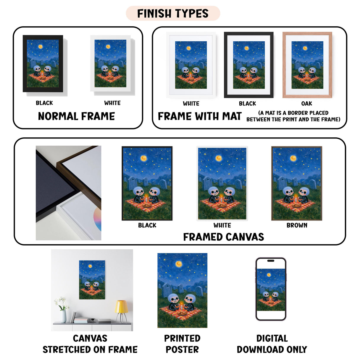 various finish types for a framed artwork, including a normal frame, a frame with a mat, a black frame, a white frame, a black frame, an oak frame, a white frame, a black frame, a white framed canvas, a stretched canvas, a printed poster, and a digital download only.