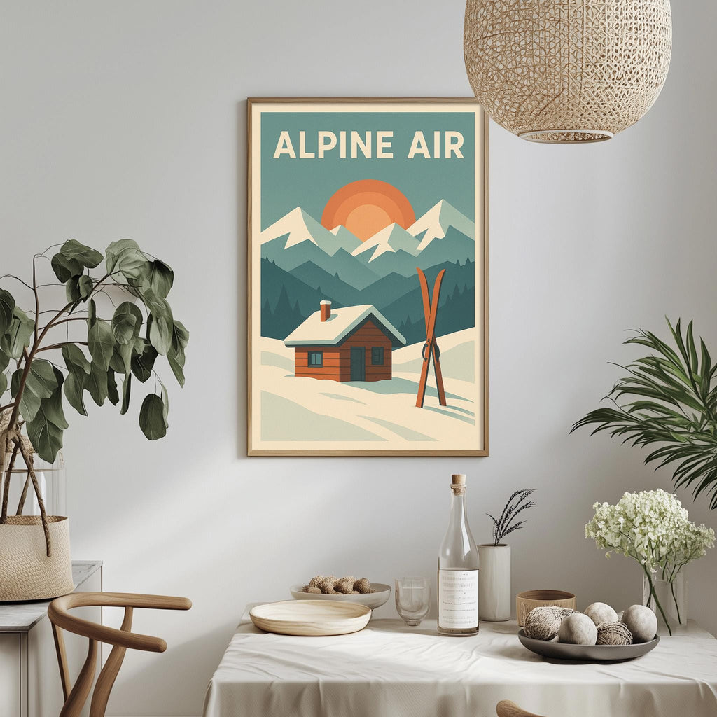 a framed poster of a snowy mountain landscape with a cabin, skis, and a sun in the background, hanging on a wall above a dining table with various items on it.
