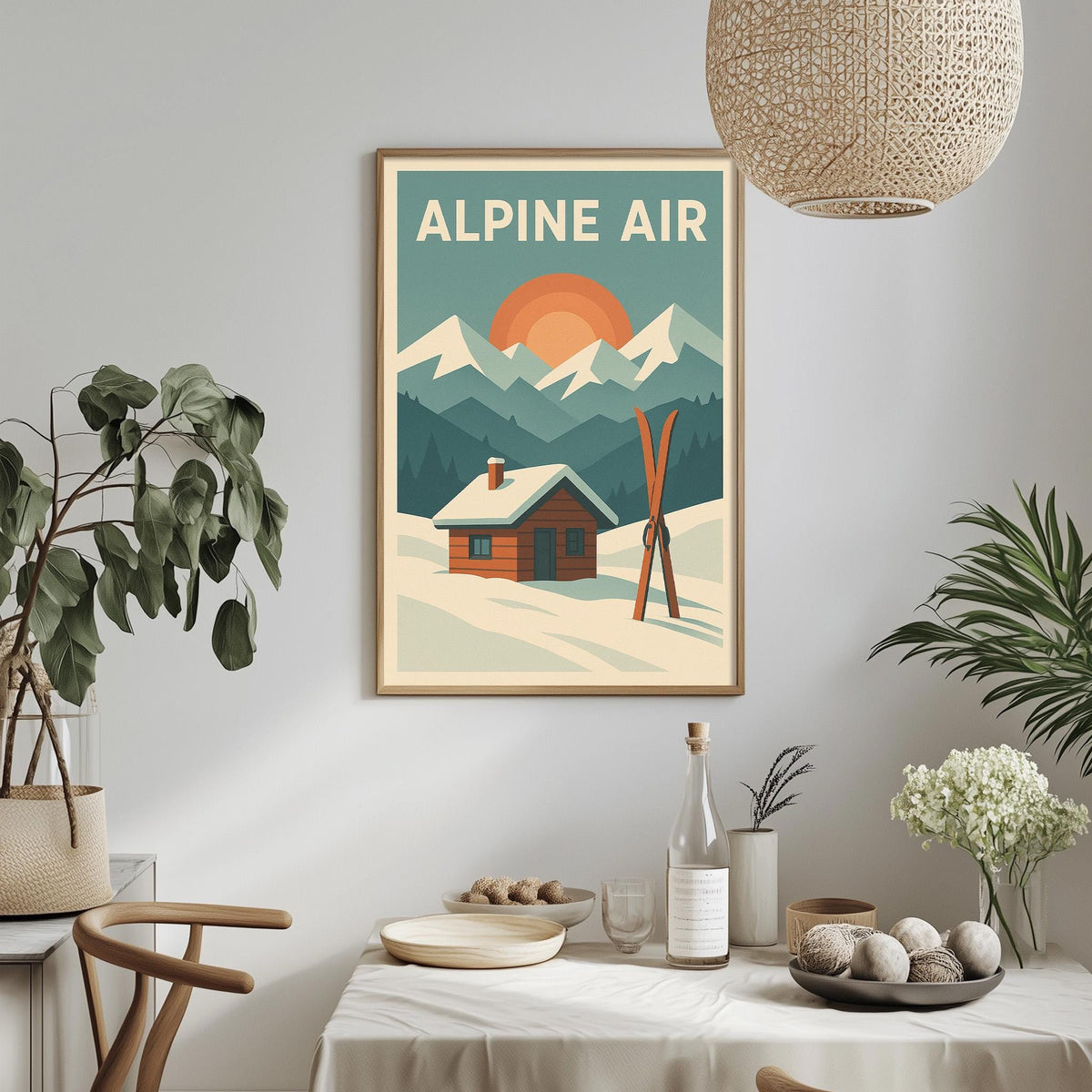 a framed poster of a snowy mountain landscape with a cabin, skis, and a sun in the background, hanging on a wall above a dining table with various items on it.