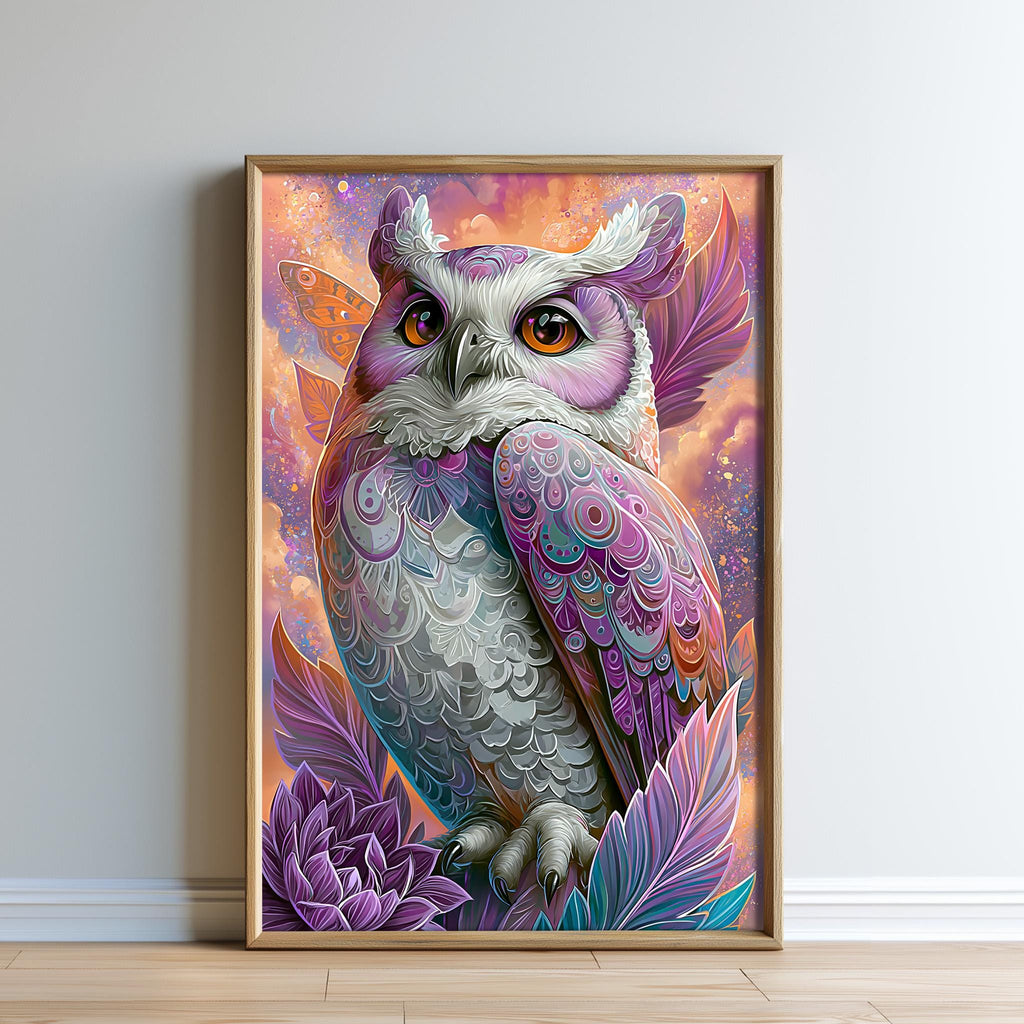 The image is a vibrant and colorful painting of an owl, featuring intricate patterns and designs in shades of purple, orange, and white.