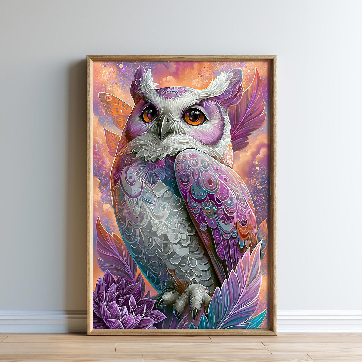 The image is a vibrant and colorful painting of an owl, featuring intricate patterns and designs in shades of purple, orange, and white.