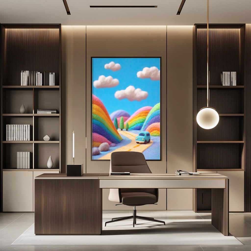 a modern office space with a large, colorful painting of a rainbow-colored landscape hanging on the wall. The painting depicts a road leading to a blue car, surrounded by a rainbow-colored valley. The office has a wooden desk and chair, and a bookshelf filled with books and decorative items.