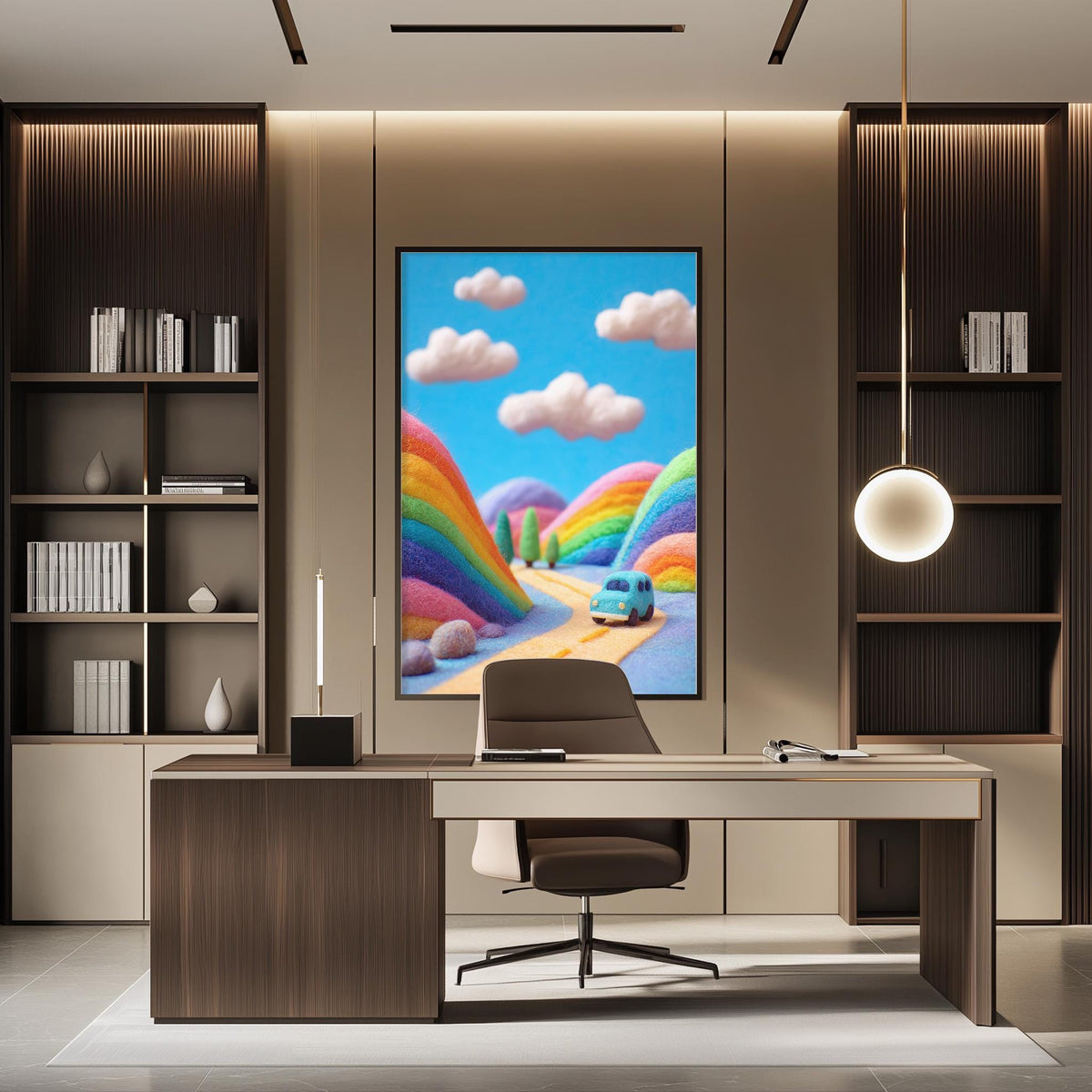 a modern office space with a large, colorful painting of a rainbow-colored landscape hanging on the wall. The painting depicts a road leading to a blue car, surrounded by a rainbow-colored valley. The office has a wooden desk and chair, and a bookshelf filled with books and decorative items.