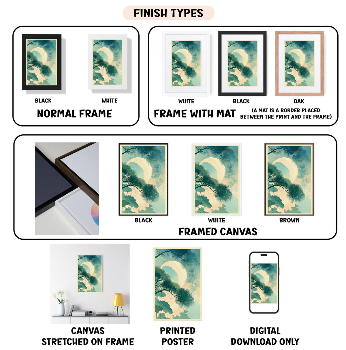various types of artwork, including framed prints, canvas prints, and digital prints, each with different finishes and mat colors.