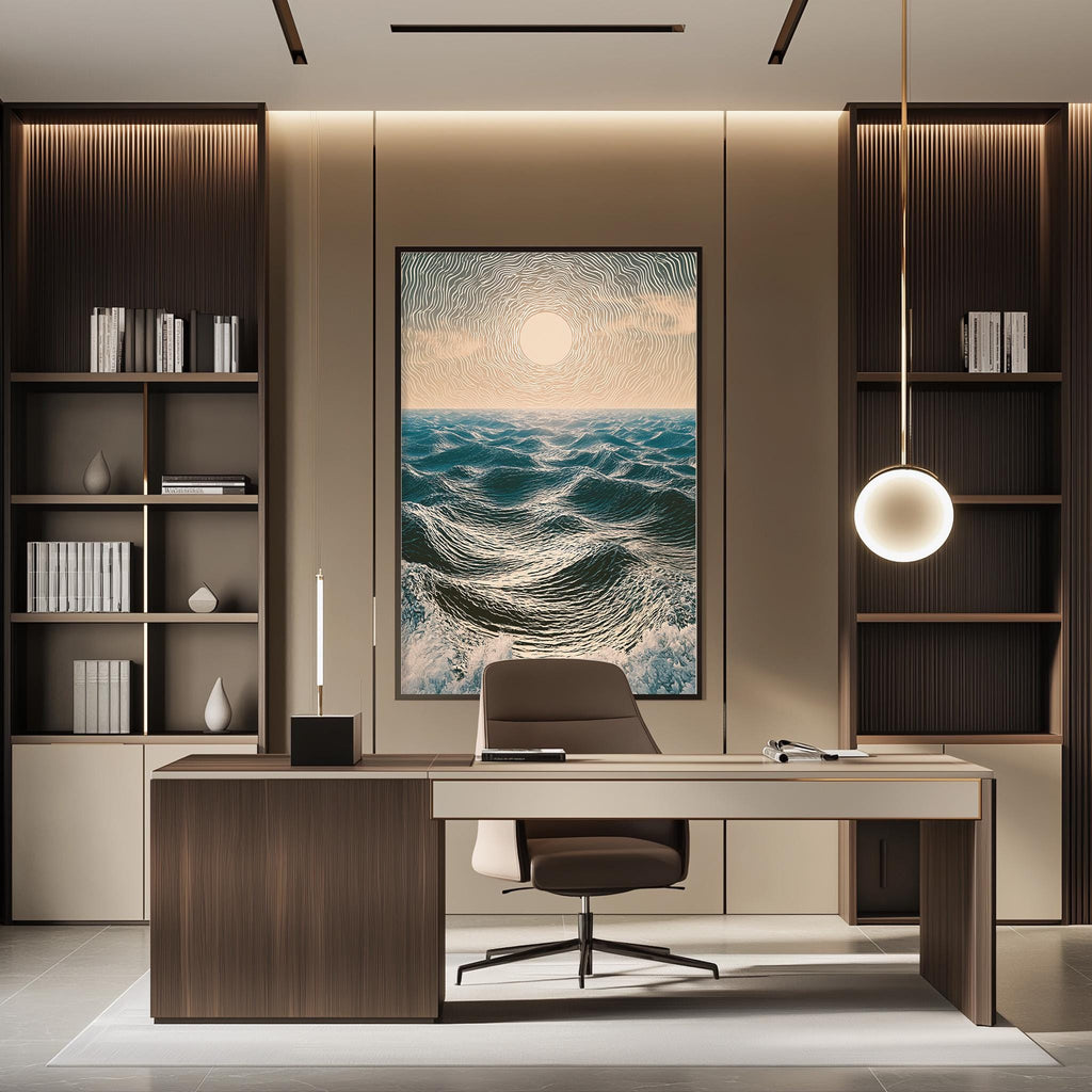 a modern and minimalist office space with a large ocean-themed painting on the wall, a wooden desk with a chair, and built-in bookshelves.